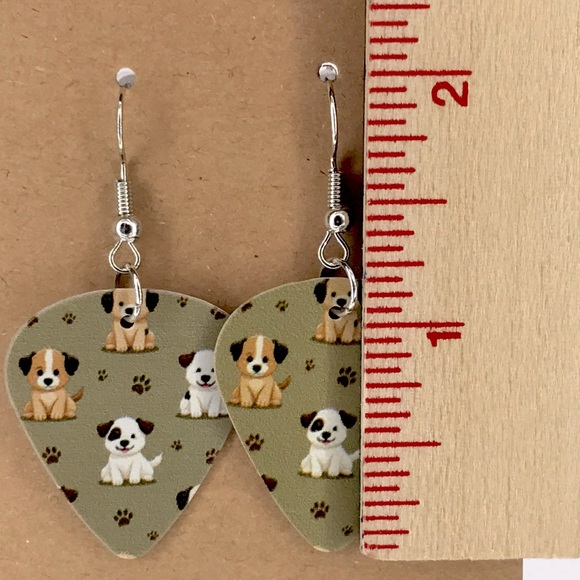 Adorable Puppy Print Custom Guitar Pick Dangle Earrings - Picture 2 of 3